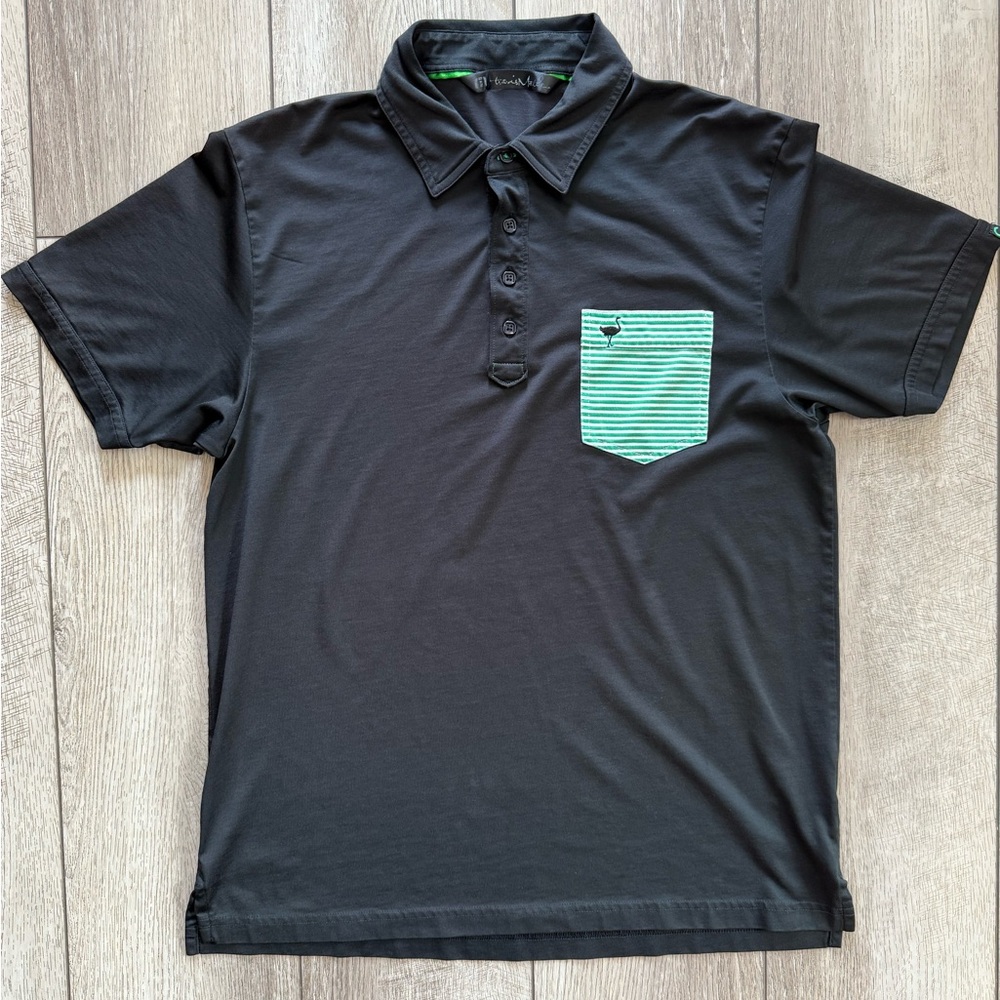 Travis Mathew Men’s Large Black Polo Shirt with Green Striped Pocket (Chive)